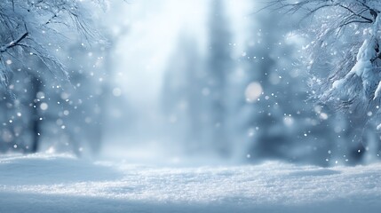 Enchanting winter forest scene with soft falling snow and ethereal light beams illuminating a snowy path