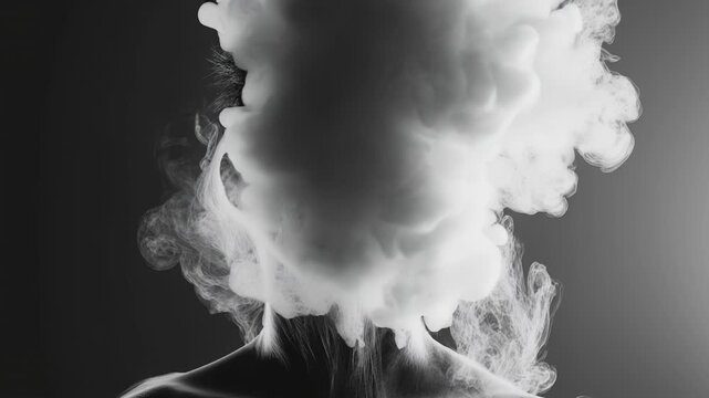 Person's head dissolving into thick white smoke