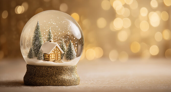 a beautiful snow globe with an inside scene of a cozy house, pine trees, and falling golden glittery lights. the background is a blurred golden color. a magical winter wonderland