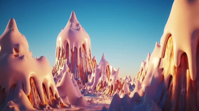 A surreal fantasy landscape of pink mountains covered in dripping sweet icing, a whimsical world of candy and dessert under a bright blue morning sky