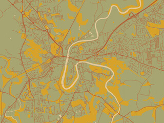 Graphic flat color map of Durham, United Kingdom in sage/olive tone field with rust networks and ochre shapes, cream water.