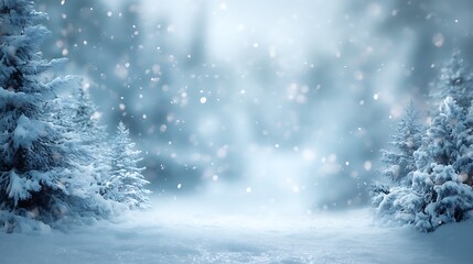 Magical winter forest scene with falling snow and soft light filtering through snow covered evergreen trees