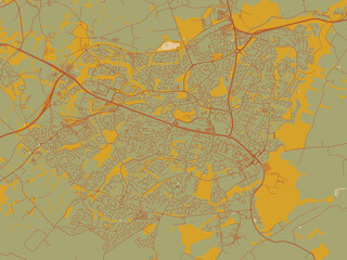 Fototapeta premium Contemporary flat map of East Kilbride, United Kingdom design with muted sage base, rust-colored roads, and soft ochre highlights.