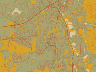 Minimalist flat city map of Farnborough, United Kingdom with sage green ground with rust-red roads and ochre accents.