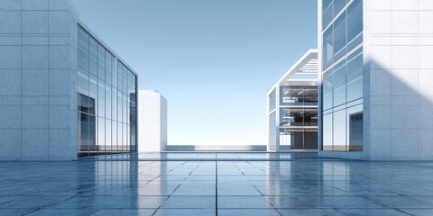 Modern Business District Plaza with Glass and Concrete Buildings