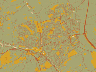 Minimalist flat city map of Hemel Hempstead, United Kingdom with muted sage base, rust-colored roads, and soft ochre highlights.