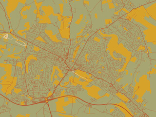 Vector-style flat map of High Wycombe, United Kingdom with muted sage base, rust-colored roads, and soft ochre highlights.