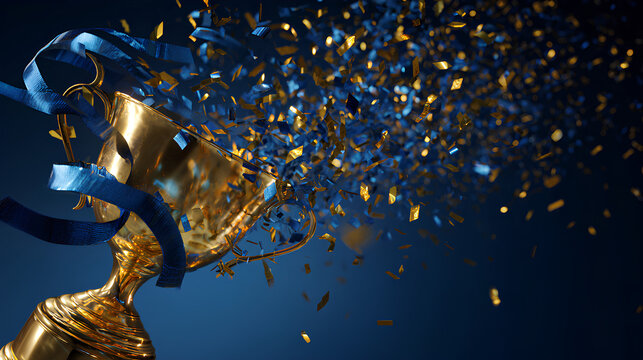 Glorious Trophy with Blue Ribbon Celebrating Victory, Symbolizing Achievement and Success in Competitions