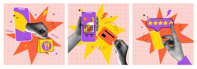 Order food online. Trendy Halftone Collage man Hand holds Phone giving gold five star rating feedback. Hand holding mobile smart phone with delivery food app.  Best score point to review service. 