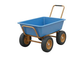 Isolated Four-Wheel Wagon with Blue Bed and Tan Frame for Hauling Supplies Outdoors