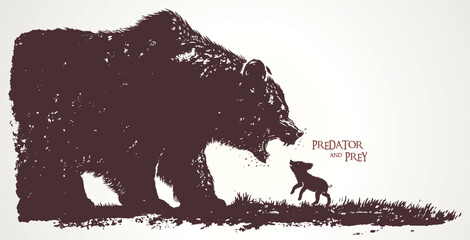 Huge, dangerous, and aggressive bear growls at a small piglet. The piglet is in danger. Vector illustration. © Rustic