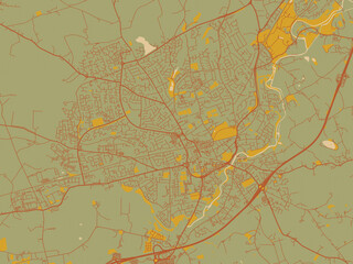 Stylized minimalist map of Lisburn, United Kingdom in muted sage base, rust-colored roads, and soft ochre highlights.