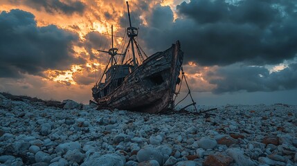 An old shipwreck on a rocky beach under a dramatic sky at sunset with dark clouds and vibrant colors
