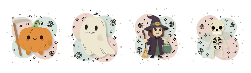 Set of four cute Halloween characters on pastel abstract backgrounds. Halloween party invitations, decorations, social media posts, children's book illustrations, educational materials about Halloween