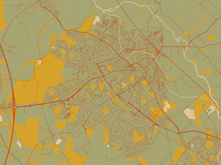 Stylized minimalist map of Loughborough, United Kingdom in sage/olive tone field with rust networks and ochre shapes, cream water.