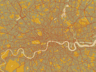 Graphic flat color map of London, United Kingdom in muted sage base, rust-colored roads, and soft ochre highlights.