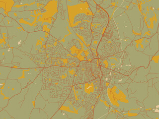 Flat painterly map of Macclesfield, United Kingdom in sage/olive tone field with rust networks and ochre shapes, cream water.