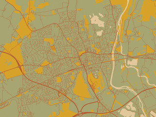 Decorative flat city map of Maidenhead, United Kingdom using sage green ground with rust-red roads and ochre accents.