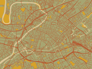 Vector-style flat map of Manchester Center, United Kingdom with muted sage base, rust-colored roads, and soft ochre highlights.