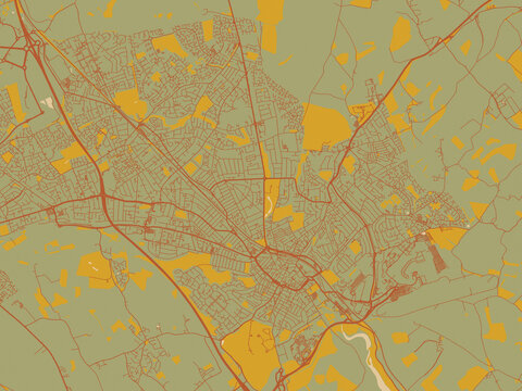 Modern flat map poster of Luton, United Kingdom in olive backdrop with warm rust street network and ochre blocks.