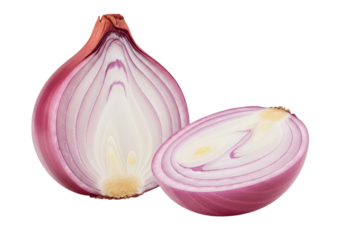 Isolated sliced red onion bulb, food ingredient for salad recipe or cooking concept