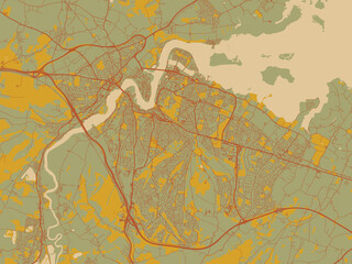Minimalist flat city map of Medway Towns, United Kingdom with sage/olive tone field with rust networks and ochre shapes, cream water.