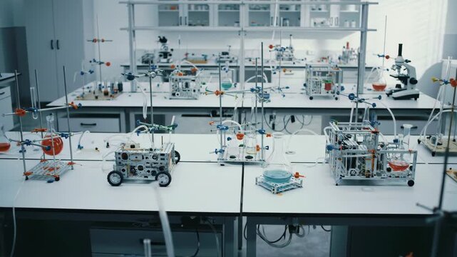 Science lab with lab equipment including flasks and beakers for scientific research and experiment, showcasing chemistry and technology.