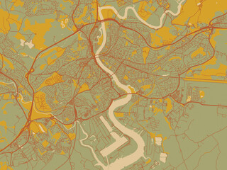 Contemporary flat map of Newport, United Kingdom design with sage green ground with rust-red roads and ochre accents.
