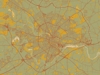 Flat painterly map of Norwich, United Kingdom in muted sage base, rust-colored roads, and soft ochre highlights.