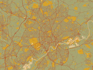 Contemporary flat map of Nottingham, United Kingdom design with muted sage base, rust-colored roads, and soft ochre highlights.