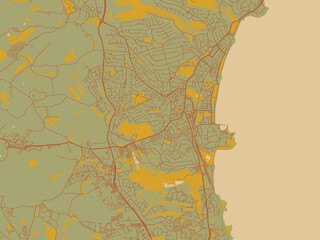 Minimalist flat city map of Paignton, United Kingdom with earthy sage background with rust roadways and ochre details.