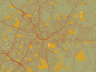 Modern flat map poster of Oldham, United Kingdom in sage green ground with rust-red roads and ochre accents.