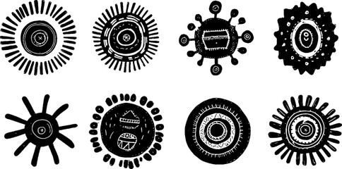 Tribal folk art set of abstract circular designs in blackwork illustration style for unique decor