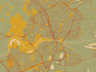 Vector-style flat map of Peterborough, United Kingdom with olive backdrop with warm rust street network and ochre blocks.