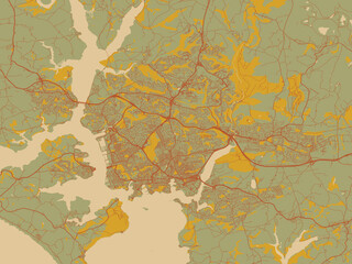 Contemporary flat map of Plymouth, United Kingdom design with olive backdrop with warm rust street network and ochre blocks.