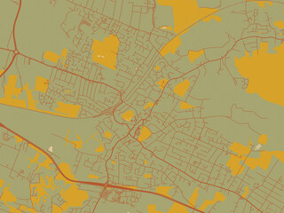 Contemporary flat map of Rayleigh, United Kingdom design with muted sage base, rust-colored roads, and soft ochre highlights.