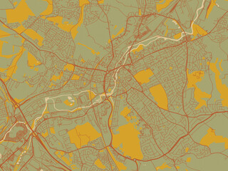Stylized minimalist map of Rotherham, United Kingdom in muted sage base, rust-colored roads, and soft ochre highlights.