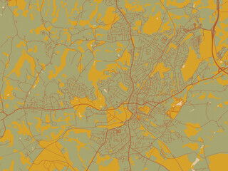 Poster-ready flat map of Royal Tunbridge Wells, United Kingdom, sage green ground with rust-red roads and ochre accents.