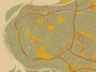 Obraz premium Decorative flat city map of Runcorn, United Kingdom using sage/olive tone field with rust networks and ochre shapes, cream water.