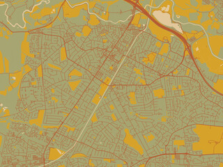 Fototapeta premium Minimalist flat city map of Sale, United Kingdom with muted sage base, rust-colored roads, and soft ochre highlights.