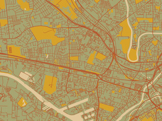 Obraz premium Poster-ready flat map of Salford, United Kingdom, olive backdrop with warm rust street network and ochre blocks.