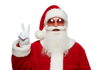 A jovial Santa Claus wearing sunglasses offers a peace sign with a friendly expression