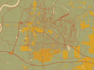 Flat painterly map of Scunthorpe, United Kingdom in earthy sage background with rust roadways and ochre details.