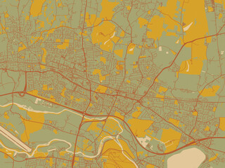 Abstract flat-design map of Slough, United Kingdom, featuring muted sage base, rust-colored roads, and soft ochre highlights.