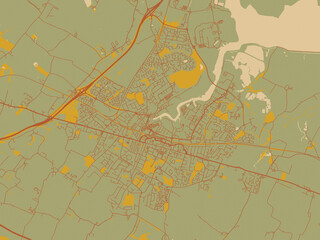 Minimalist flat city map of Sittingbourne, United Kingdom with sage green ground with rust-red roads and ochre accents.