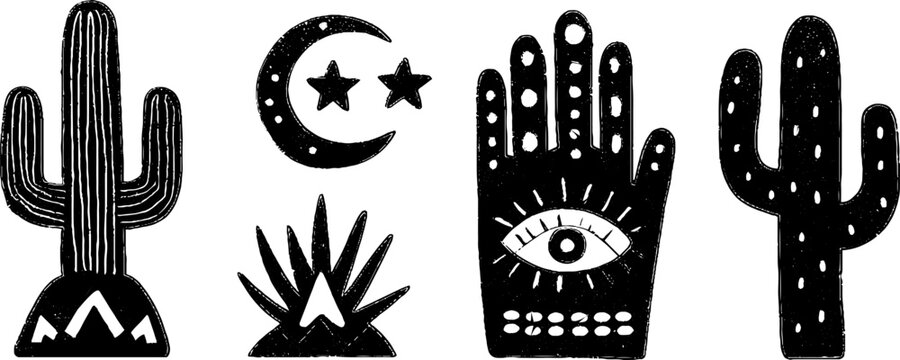 Tribal folk art silhouette desert elements for boho designs