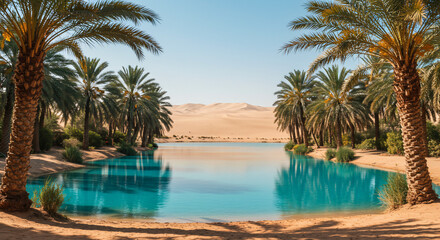 Idyllic oasis in the desert with palm trees and turquoise water, a paradise
