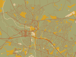 Poster-ready flat map of Tamworth, United Kingdom, olive backdrop with warm rust street network and ochre blocks.