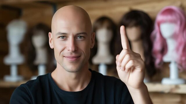 Enthusiastic man in wig shop gesturing number one with finger while smiling confidently