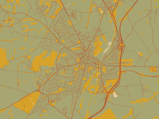Contemporary flat map of Winchester, United Kingdom design with muted sage base, rust-colored roads, and soft ochre highlights.